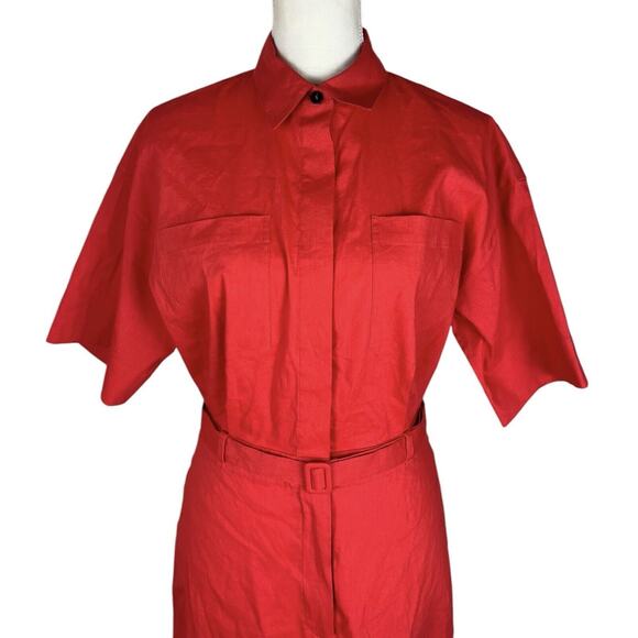 Theory Belted Shirt Dress in Stretch Linen Poppy Short Sleeve Size 4 NEW - Picture 8 of 14